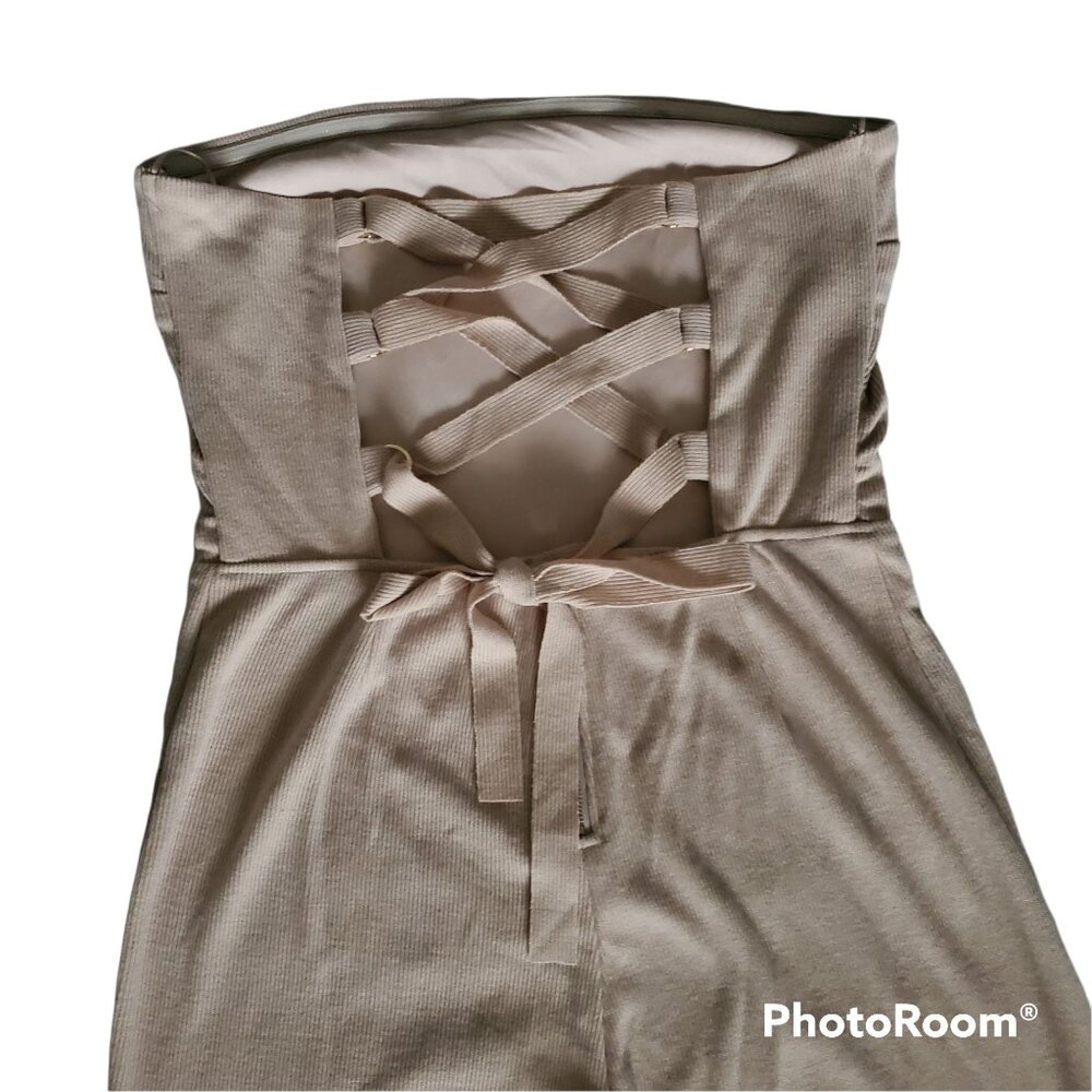 Fashion Nova Beige Bandeau Top‎ Corset-Style Back Flare Leg Jumpsuit Size Large - Picture 5 of 12